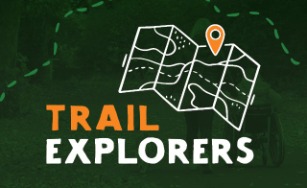 Dark green background with an animated image of a map with orange and white text "Trail Explorers"