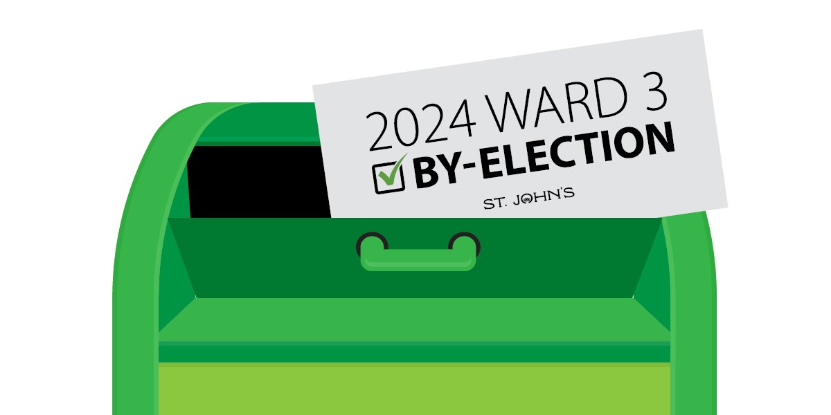 an envelope with the text "2024 Ward 3 By-Election" being placed in a green mailbox.