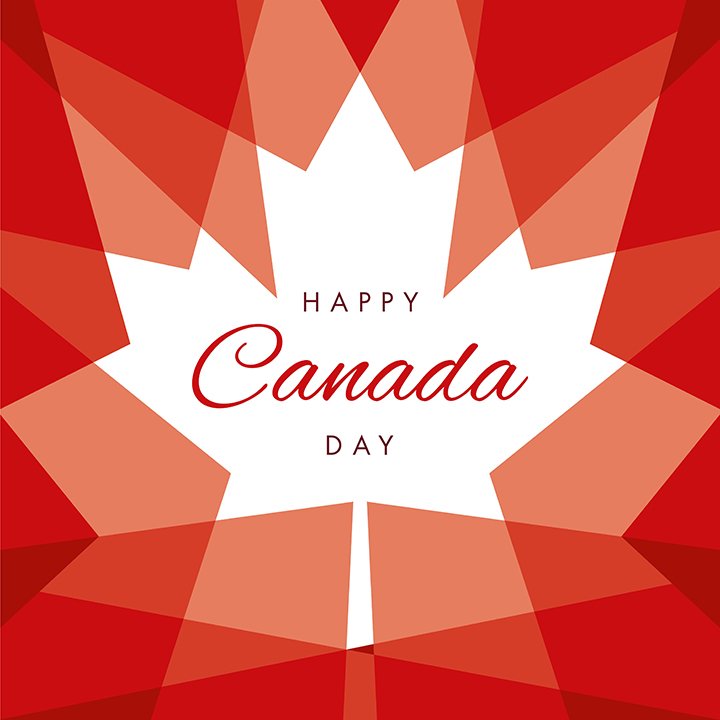 White maple leaf with red background and red text "Happy Canada Day"