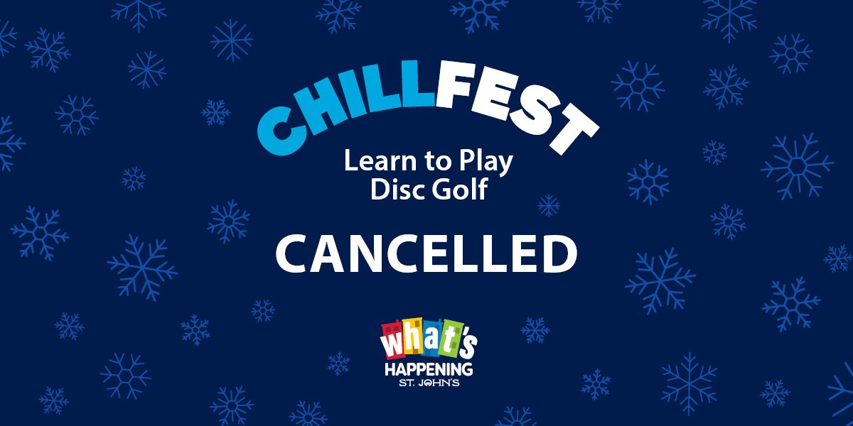 Blue graphic with text that says "ChillFest Learn to Play Disc Golf Cancelled"