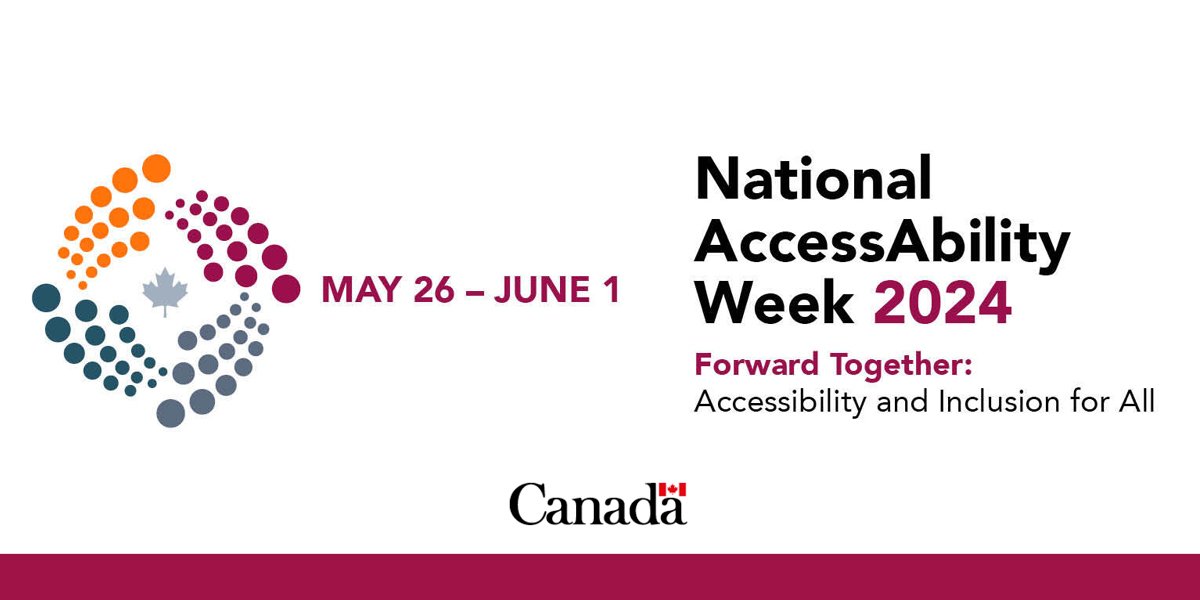 A white background with a circular dot design and text announcing National AccessAbility Week 2024 from May 26 to June 1. The slogan is 