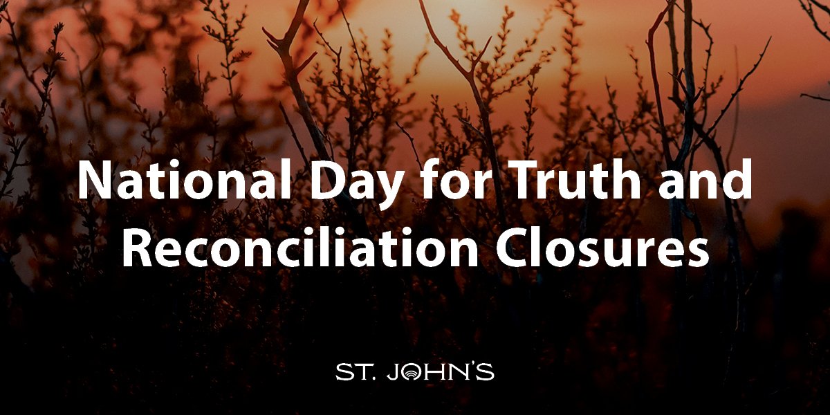 Background of trees and branches with an orange sky and white text "National Day for Truth and Reconciliation Closures"