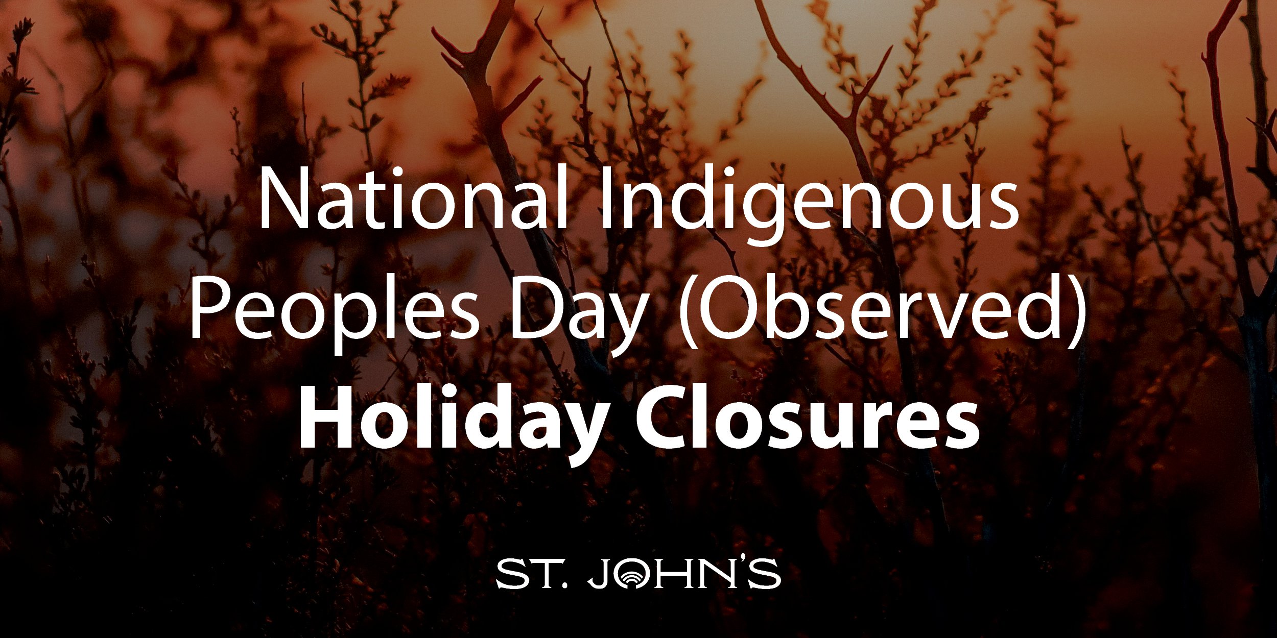 Trees and sunset in the background with white text "National Indigenous Peoples Day (Observed) Holiday Closures" with the City of St. John's logo