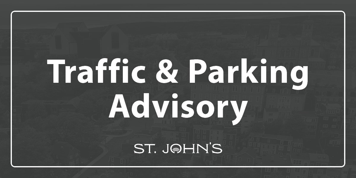 Grey graphic with text that says "Traffic & Parking Advisory"