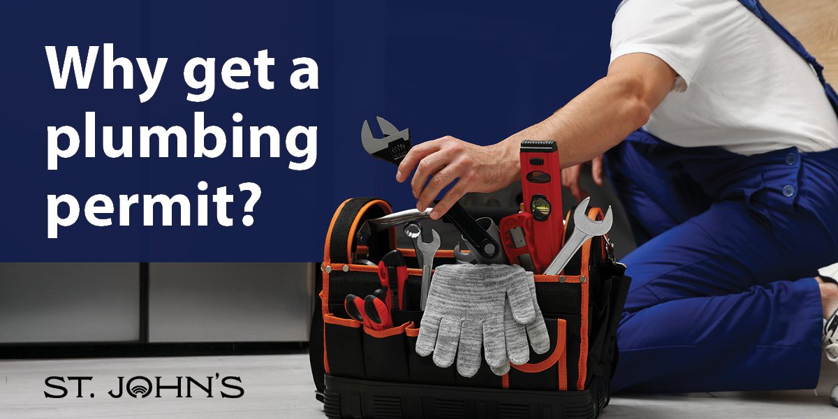 Image of a plumber kneeling down reaching for tools from a tool bag. Text says "Why get a plumbing permit?"