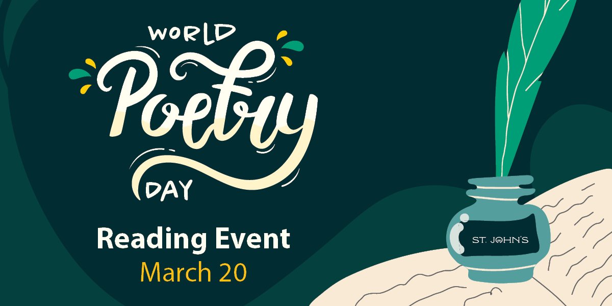 Dark green background with text that says World Poetry Day Reading Event March 20 with an illustrated ink and quill