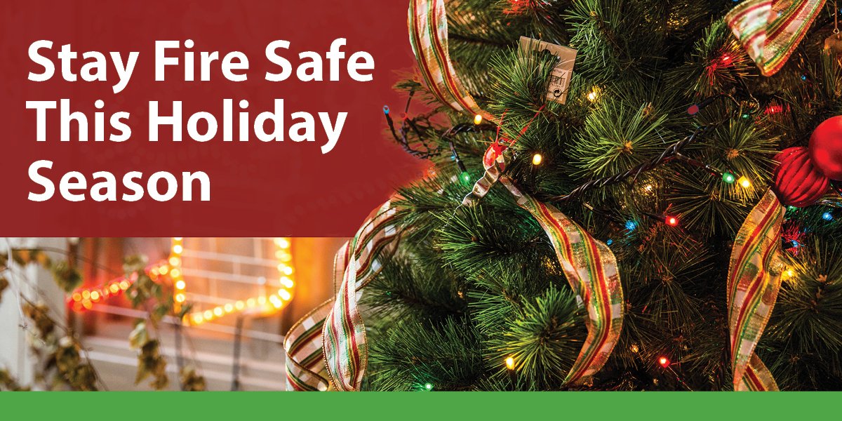 Decorated Christmas tree with white text to the side "Stay Safe This Holiday Season"