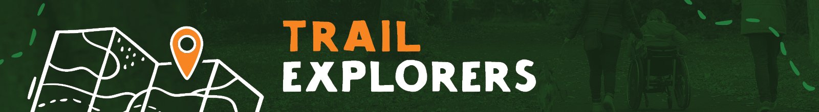 Green background with an animated image of a map and text "Trail Explorers"