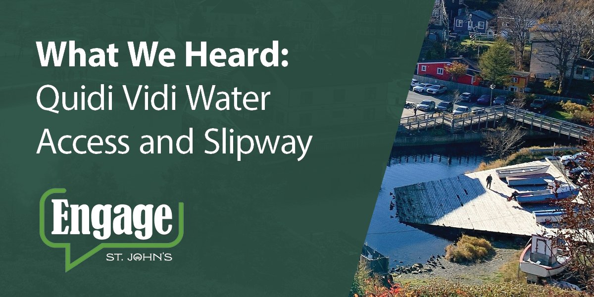 an aerial view of the Quidi Vidi slipway with a green overlay with the text "What We Heard: Quidi Vidi Water Access and Slipway 