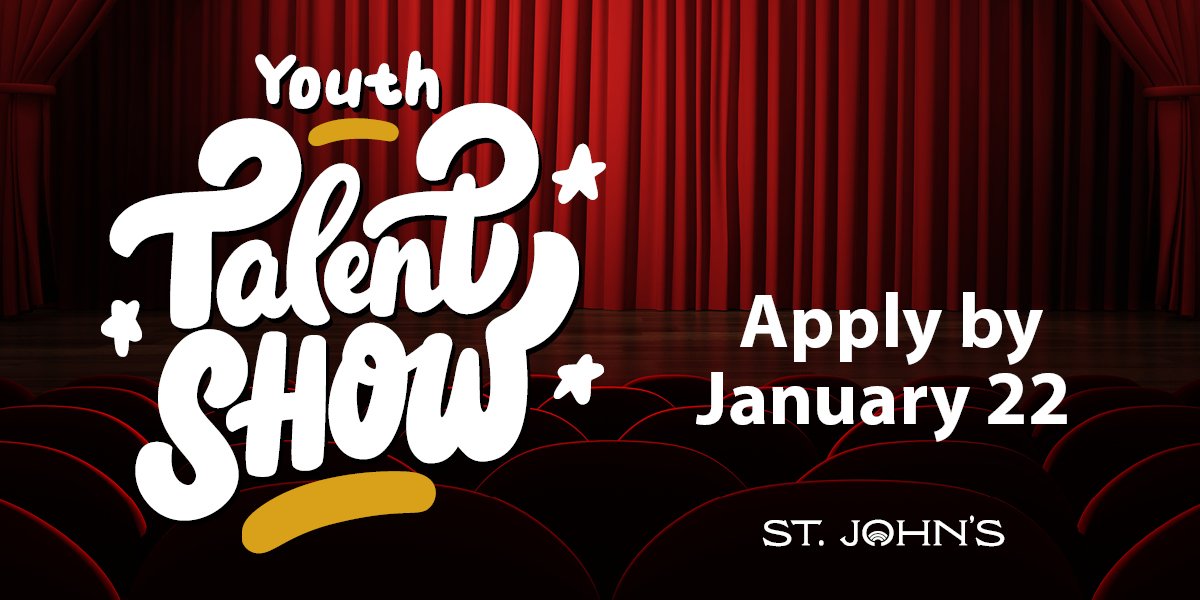 a stage with red curtains and white text that says Youth Talent Show Apply by January 22. 