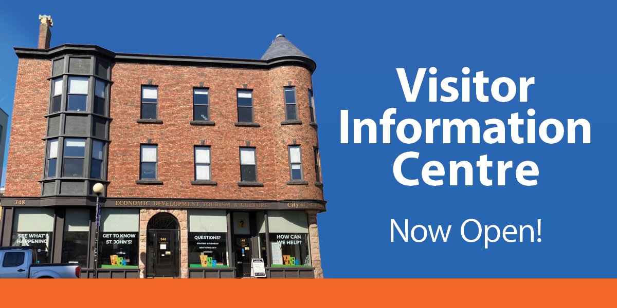 Image of a building with a blue background and white text "Visitor Information Centre Now Open!"