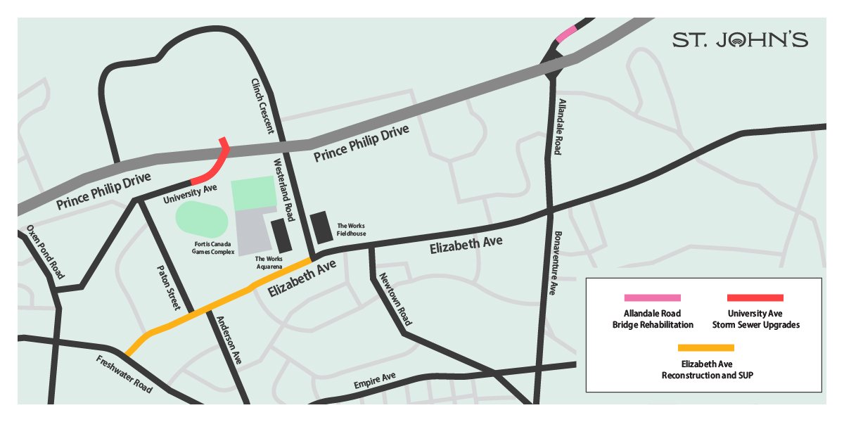 A map depicting construction work in the Memorial University Area