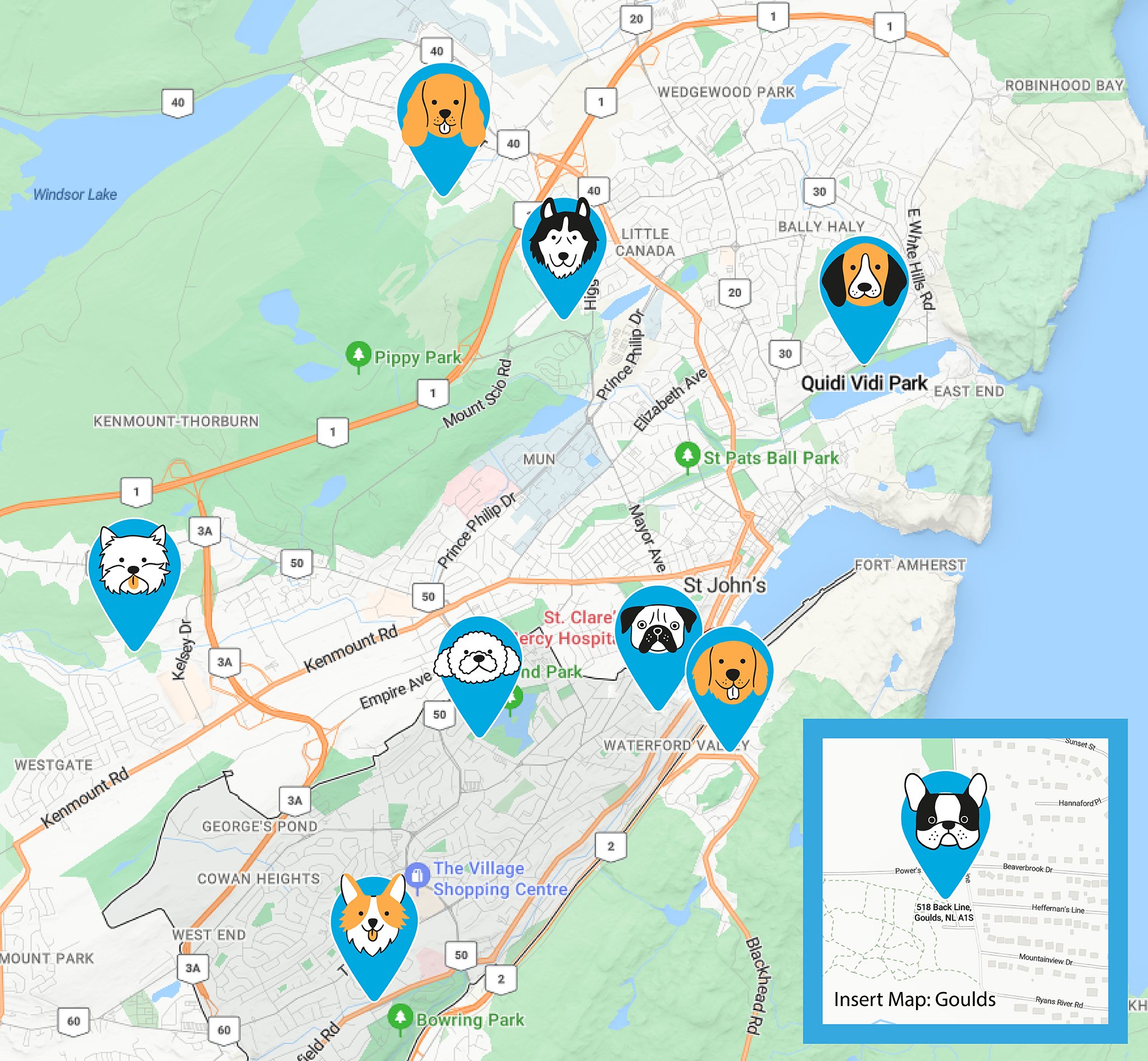 A map of St. John's indicating the locations of the nine dog parks located in the city