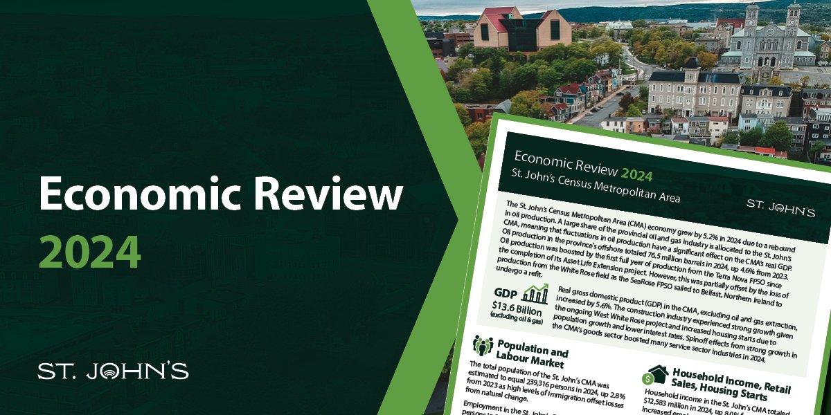 A promotional graphic for the 2024 Economic Review with an aerial image of the City of St. John's and image of the report. 