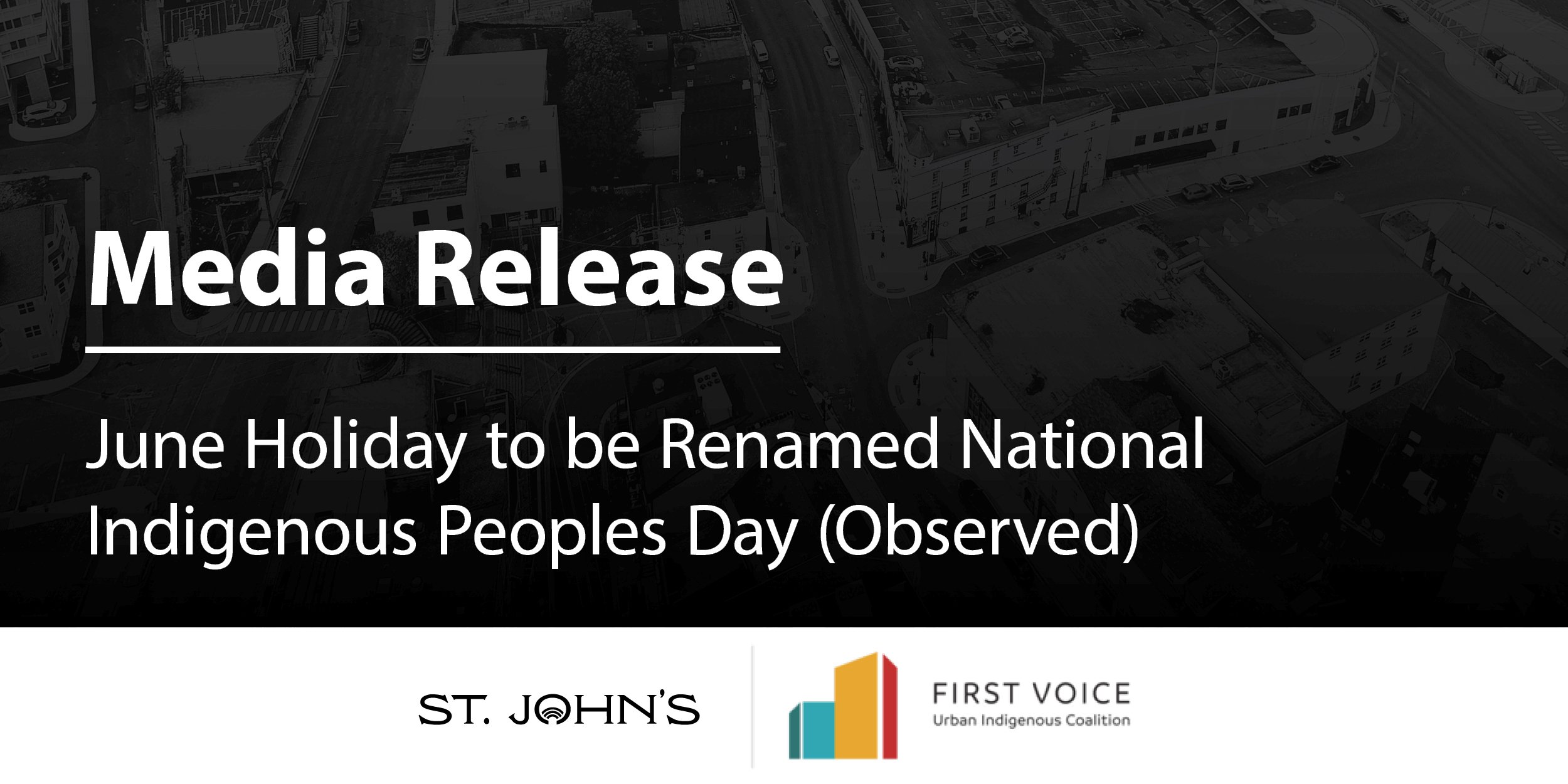 Dark background with white text "Media Release June Holiday to be Renamed National Indigenous Peoples Day (Observed)"