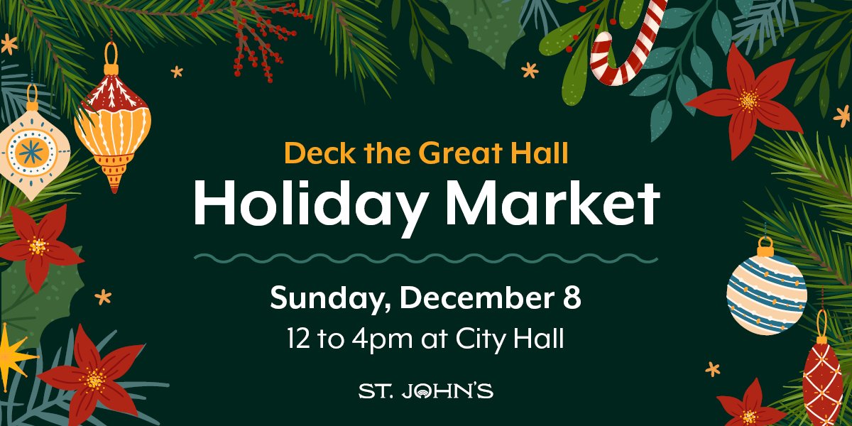 Graphic with holiday elements with text that says "Deck the Great Hall Holiday Market".