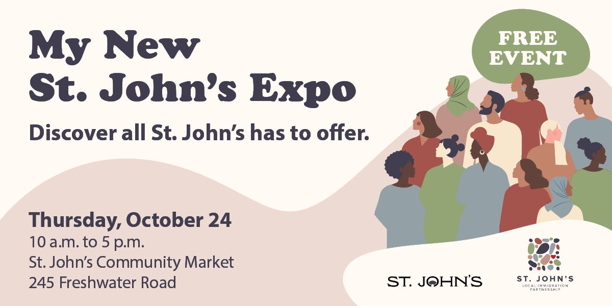 Promotional banner for the 'My New St. John’s Expo', featuring an illustration of diverse individuals and logos for the City of St. John's and the St. John's Local Immigration Partnership.