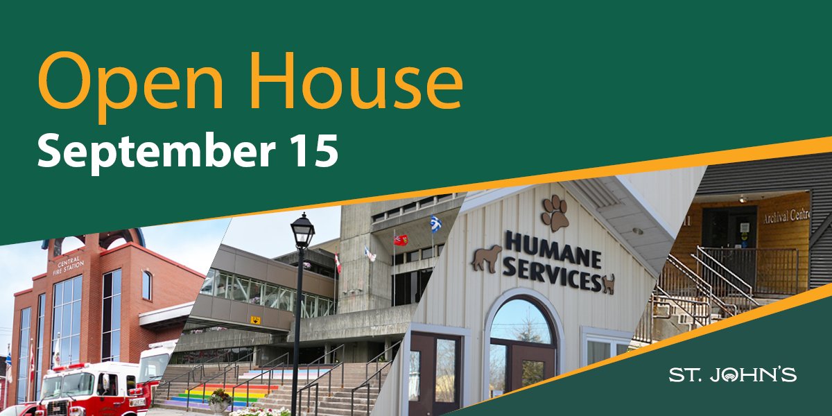 Green background with split images of Central Fire Station, City Hall, Humane Services and Archives, with yellow and white text 