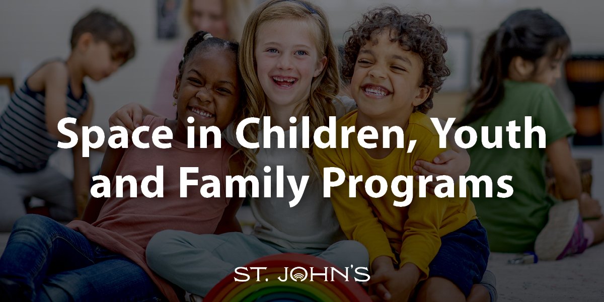 Three children smiling with text that says Space in Children, Youth and Family Programs