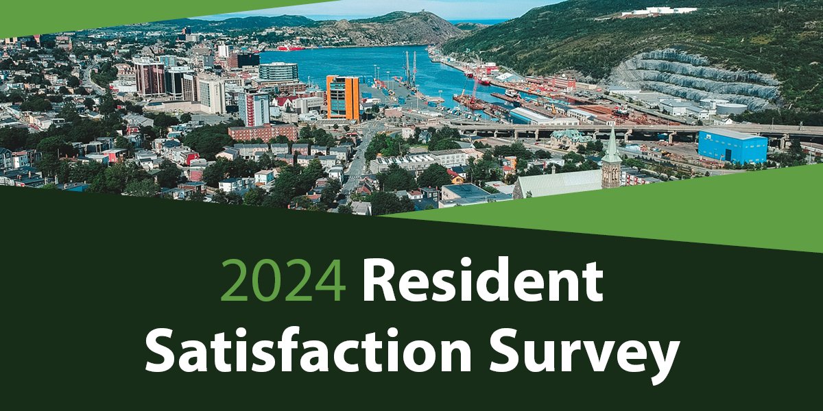 Promotional banner for the 2024 Resident Satisfaction Survey featuring an aerial view of St. John's cityscape with a green overlay at the bottom stating '2024 Resident Satisfaction Survey'.