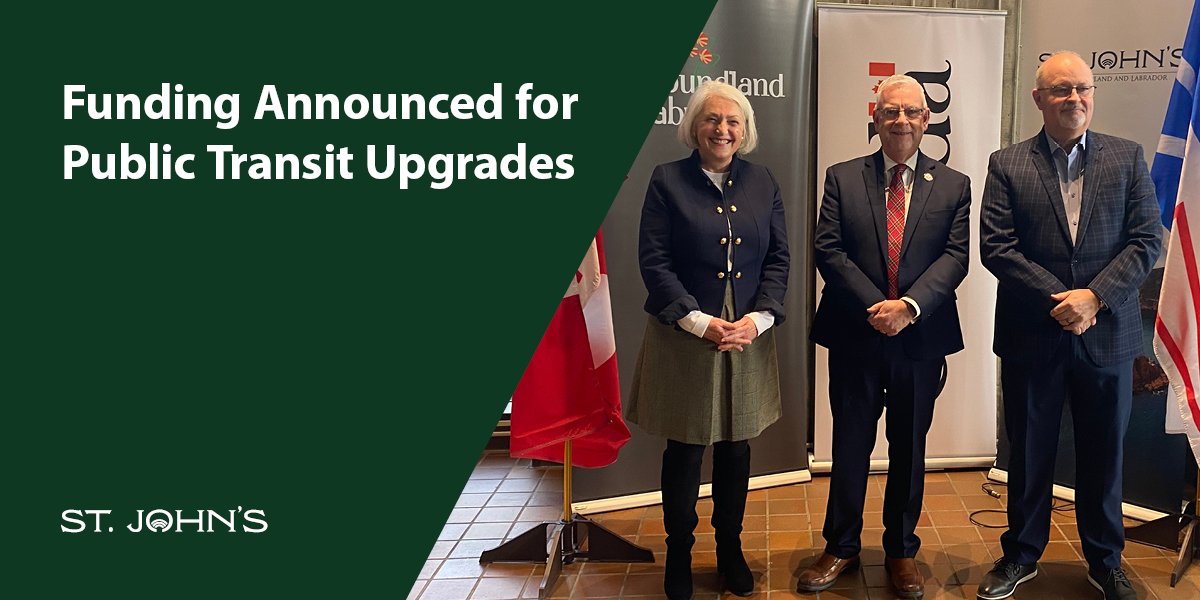 MP Thompson, Mayor Breen, and Minister Hutton at a funding announcement. A green overlay is on the picture with the text "Funding Announced for Public Transit Upgrades"