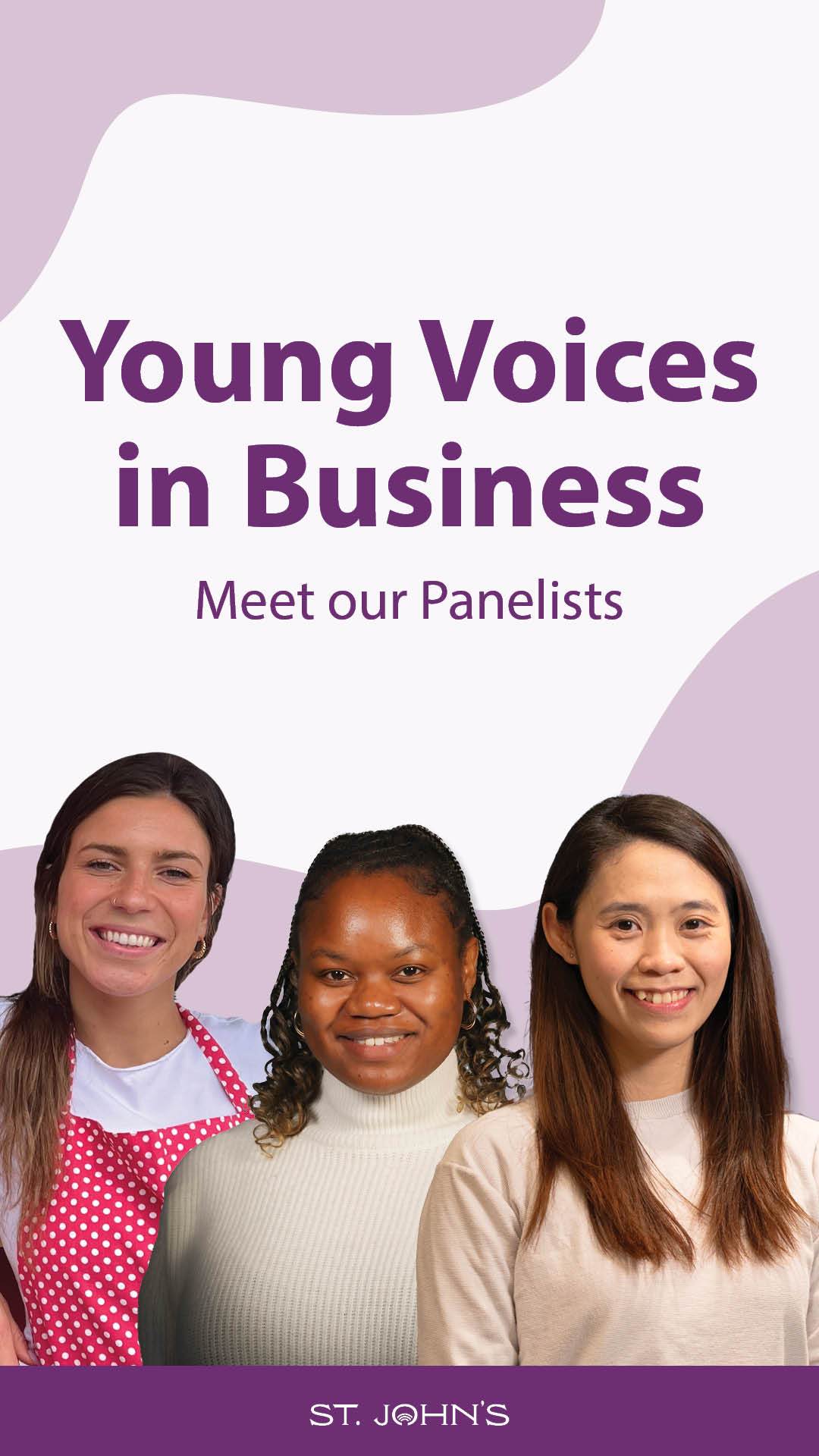 A promotional image for Young Voices in Business with images of the three panelists Lauren Pecore, Fadzai Muzhuzha and Nancy Leung 