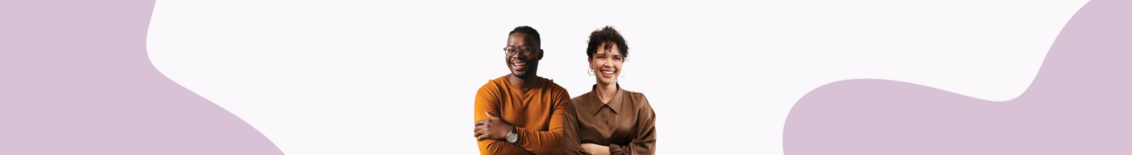 light purple shapes with an image of two young adults smiling 