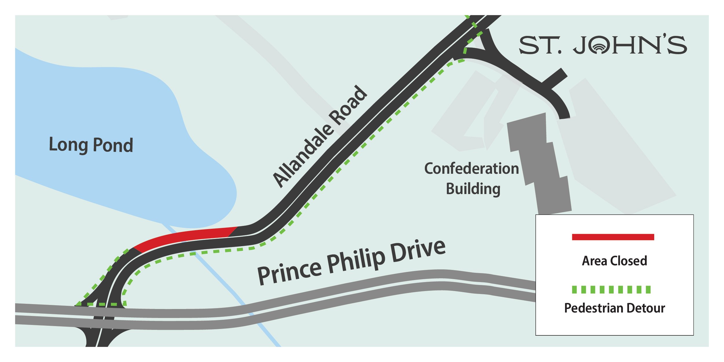 A graphic depicting a pedestrian detour at Allandale Road