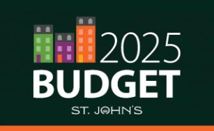 Dark green background with animated image of row houses with white text "2025 Budget" with the City logo