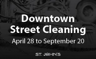 street cleaning equipment with black overlay and white text that says Downtown Street Cleaning April 28 to September 20.