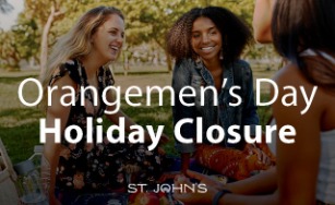 Background of a park with people laughing and white text "Orangemen's Day Holiday Closure" with the City logo
