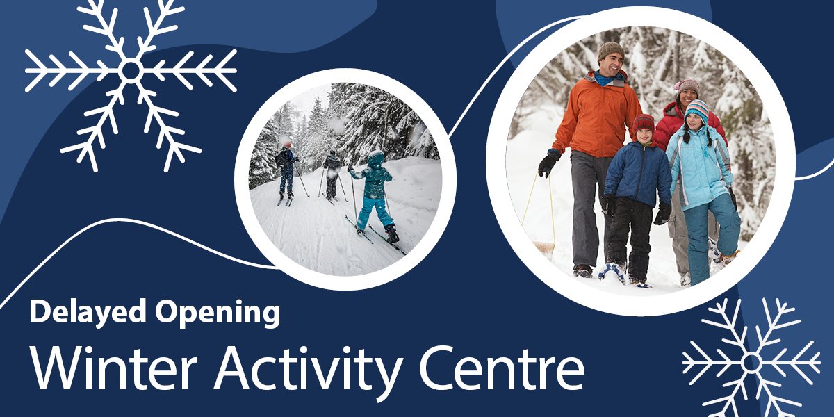 images inside circles of people skiing and snowshoeing and includes text Delayed Opening Winter Activity Centre. 