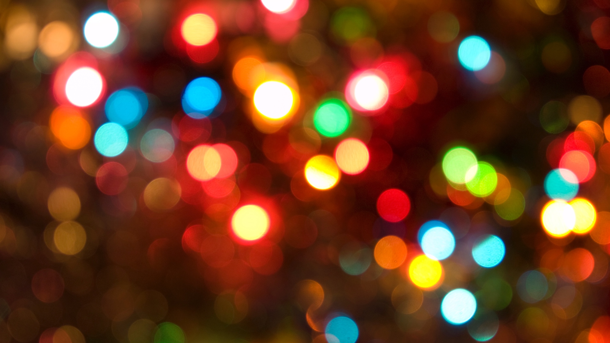 Multi-coloured holiday lights on a dark background.
