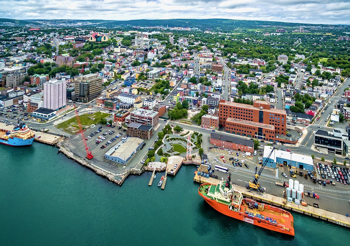 aerial view of St. John's Harbour showing port and City vista