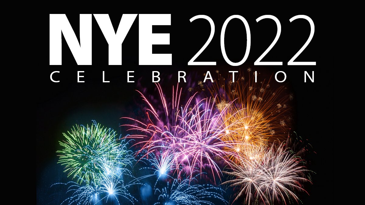 exploding fireworks on night sky with test: NYE 2022 Celebrations