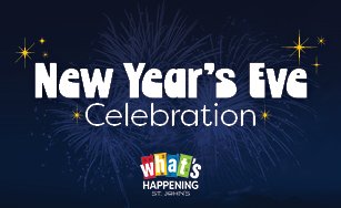 Dark purple background with white text "New Year's Eve Celebration" with the What's Happening logo.