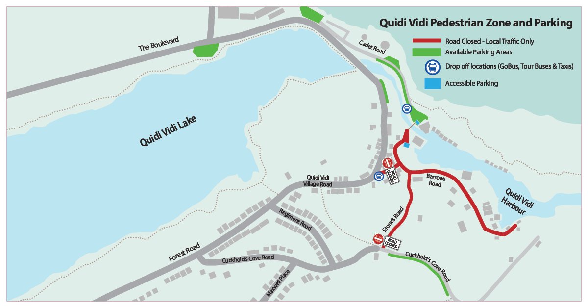 Map depicting the Quidi Vidi Pedestrian Zone and Parking Areas