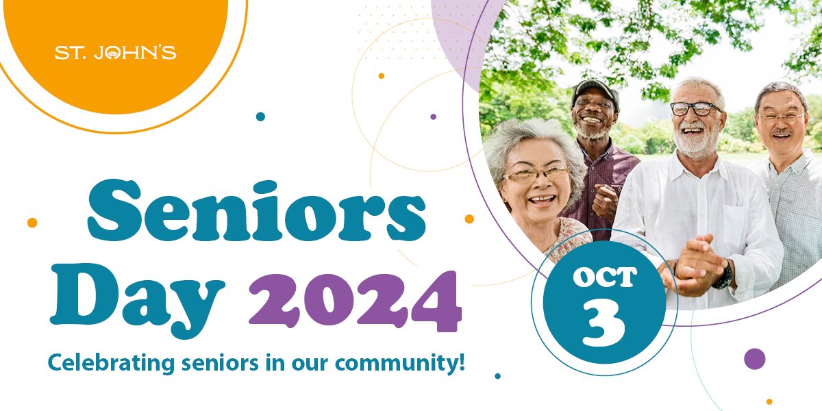 Seniors smiling, includes text Seniors Day 2024 Celebrating seniors in our community Oct. 3