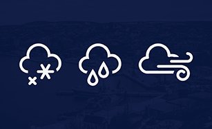 dark blue background with white weather icons of snow, rain and wind. 