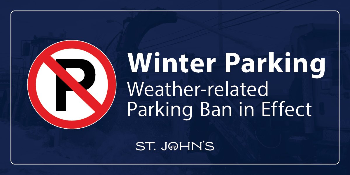 dark blue background with no parking sign and text that says Winter Parking weather-related parking ban in effect. 