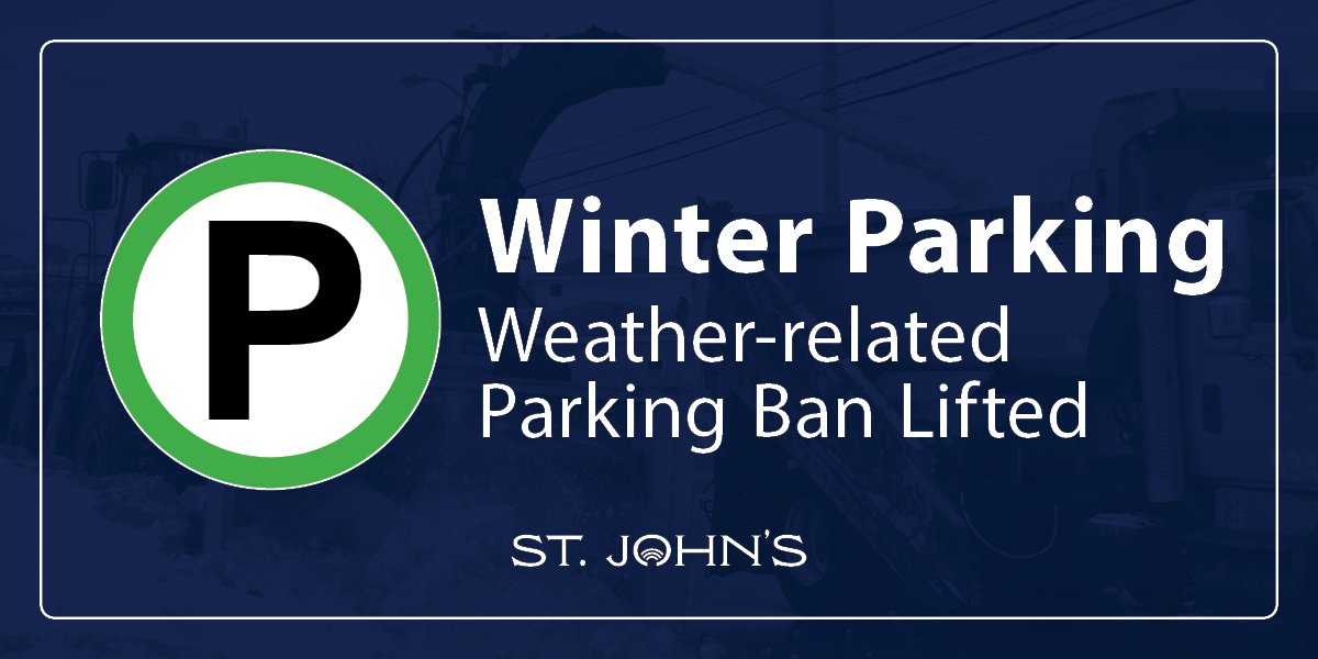 dark blue background with a parking sign and text that says winter parking weather-related parking ban lifted. 