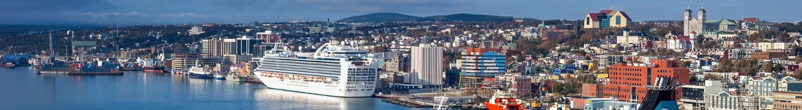 wide shot of St. John's Harbour with a cruise ship in the foreground