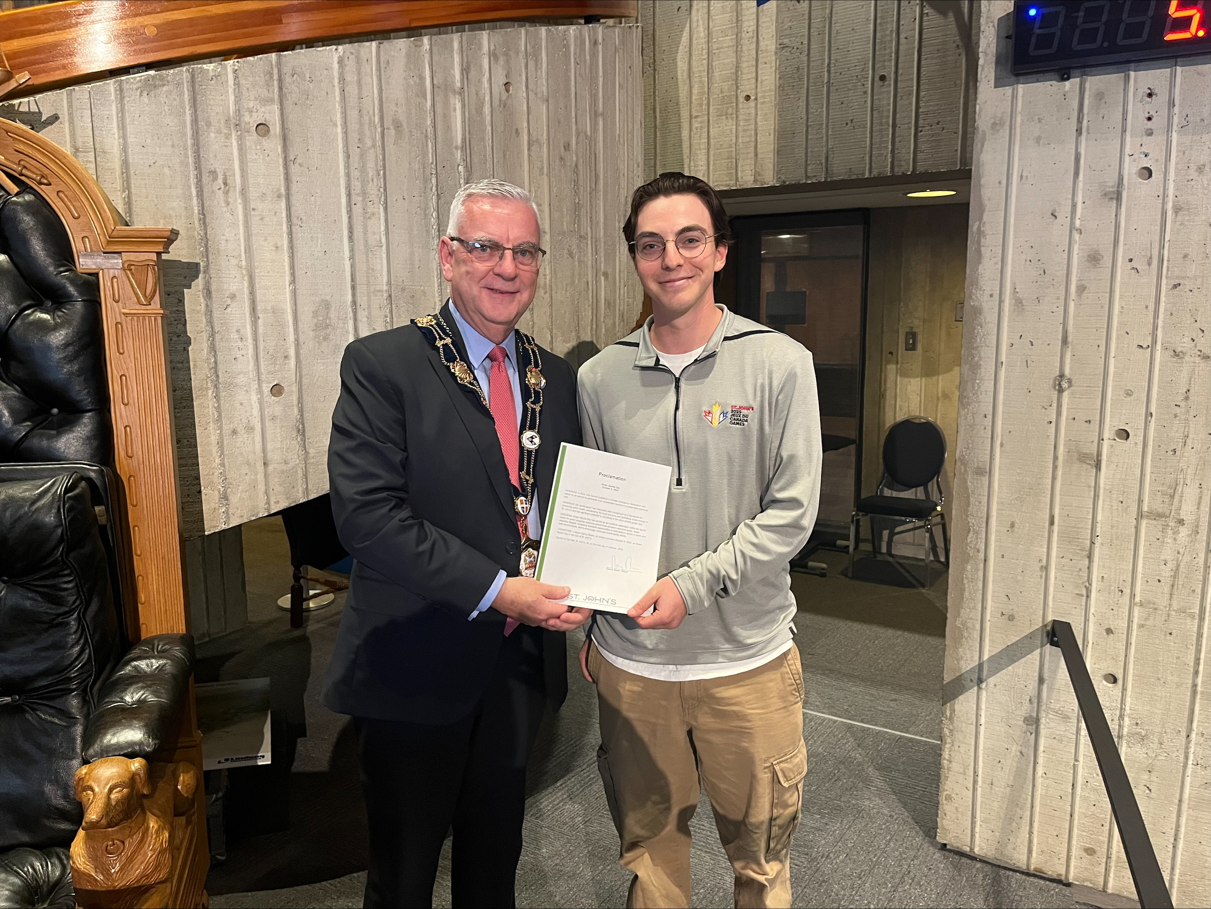 Mayor Breen with Isaac Owens-Frank, Sustainability Coordinator, 2025 Canada Games 